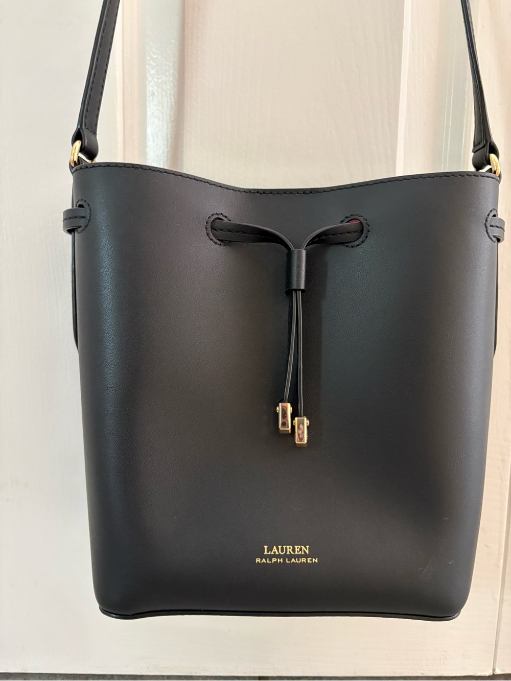Lauren Ralph Lauren Black Leather Drawstring Crossbody Bag with Red Interior